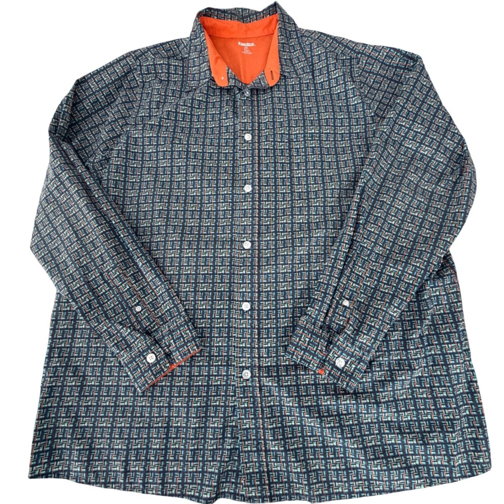King Size Men's Button Down Dress Shirt Blue Orange Contrasting Cuff 2XL Tall‎